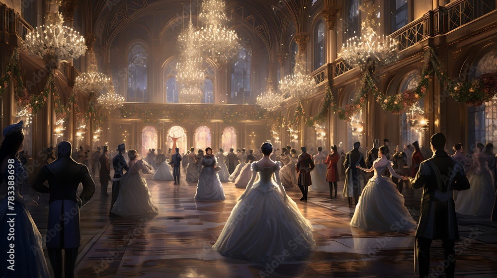 A lively AI-generated masquerade ball taking place in an opulent winter palace, with characters dressed in elaborate costumes