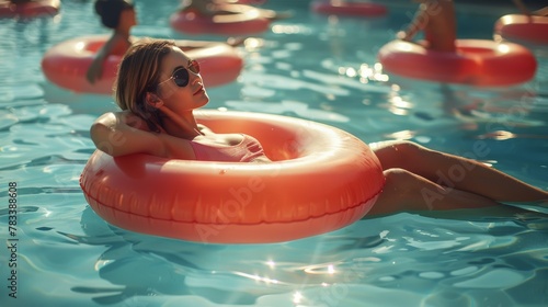 Woman Laying on Inflatable Raft in Pool