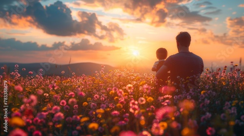 A man and child sitting in a field of flowers at sunset, AI