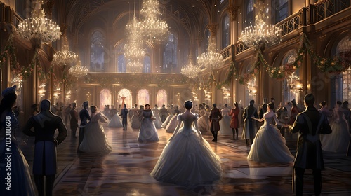 A lively AI-generated masquerade ball taking place in an opulent winter palace  with characters dressed in elaborate costumes