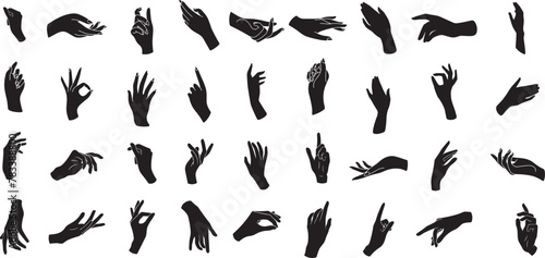 Set of various black silhouette woman hands. Vector collection of female hands of different gestures. Trendy minimal style for logos, prints, designs, illustrations