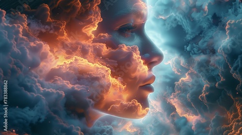 A woman's face is shown in a cloud of smoke, AI