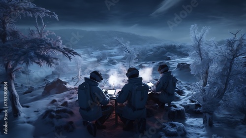 A team of AI-generated astrobiologists simulating the conditions of a winter exoplanet in a controlled environment, studying extremophiles and microbial life forms that thrive in extreme cold for clue photo
