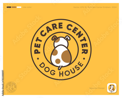 Pet Care Center logo. Icon for veterinary clinic, dog shelter. Waiting puppy and text in a circle. Identity and app icon.