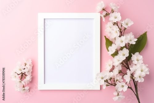 Maqueta de cuadro en blanco decorado con flores sobre fondo pastel. Día de las madres. Felicitaciones. photo