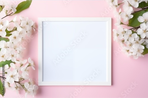 Maqueta de cuadro en blanco con decoración de flores sobre fondo pastel. Día de las madres.