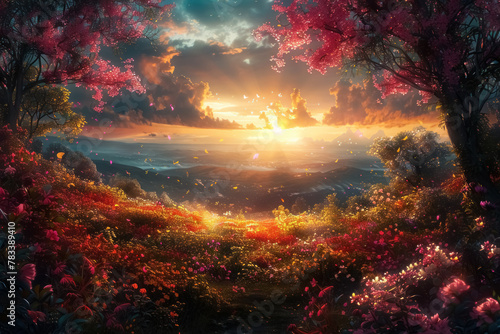 enchanting sunset in a magical flower garden with blossoming trees and glowing petals