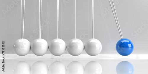 Newton's Cradle with balancing pendulum hanging in line with released blue ball. Action and reaction concept, white background with shadows and copy space. 3d rendering realistic design illustration.