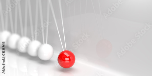 Newton's Cradle with balancing pendulum hanging in line with released red ball. Balance and imbalance concept, white background, shadows and copy space. 3d rendering realistic design illustration.