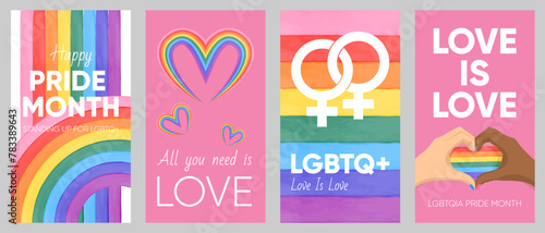 Set of watercolor abstract LGBTQ posters or banners with rainbow flag, hearts and typography. LGBTQ pride month 2024 concept. Social media post templates. Colorful vector illustrations LGBT community