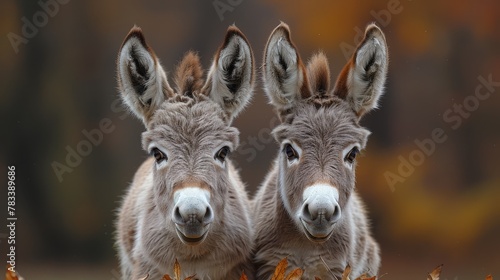   Two small donkeys stand side by side, their gazes fixed on the camera A hazy backdrop of trees and foliage frames them © Olga