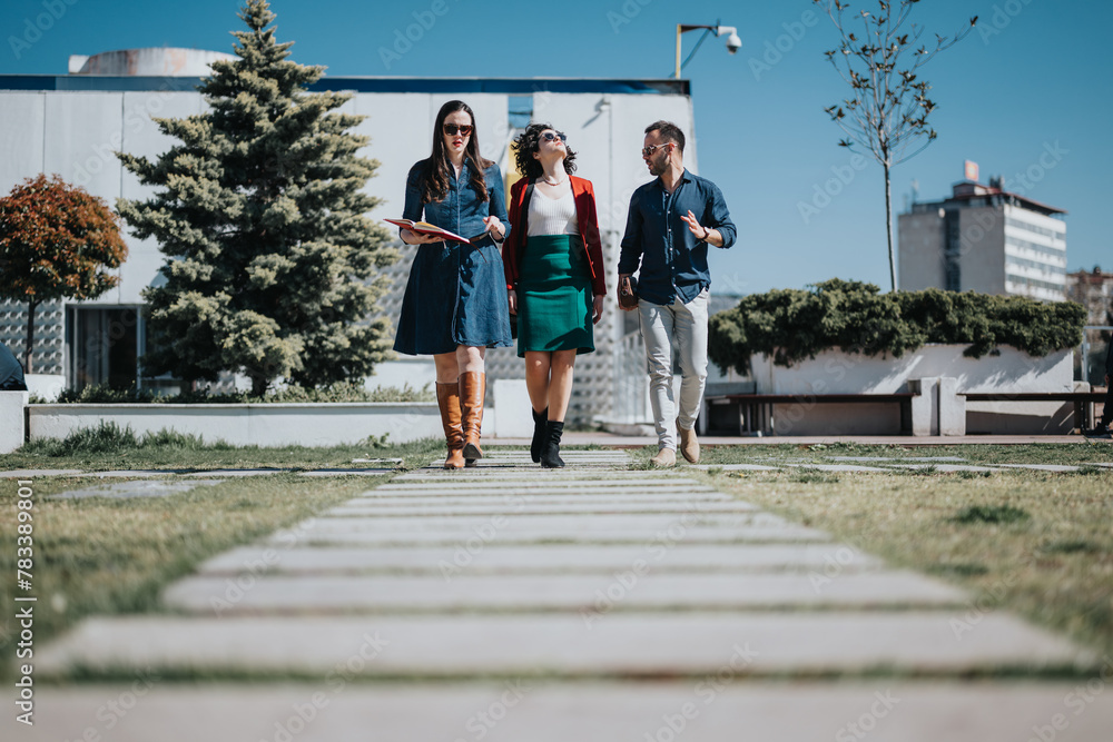 Three business professionals in casual wear engaged in a meeting while walking outdoors on a sunny day.