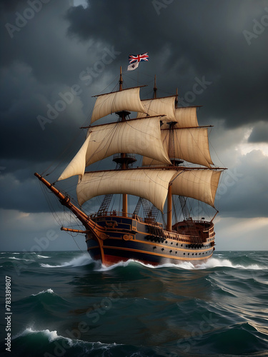 A seventeenth-century English line-of-battle warship  sailing the ocean.