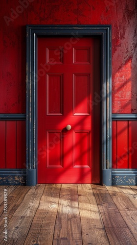A red door with a blue handle in front of an empty room, AI