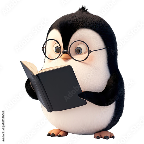 Curious penguin with glasses deeply analyzing data in a cartoon style on a transparent background.