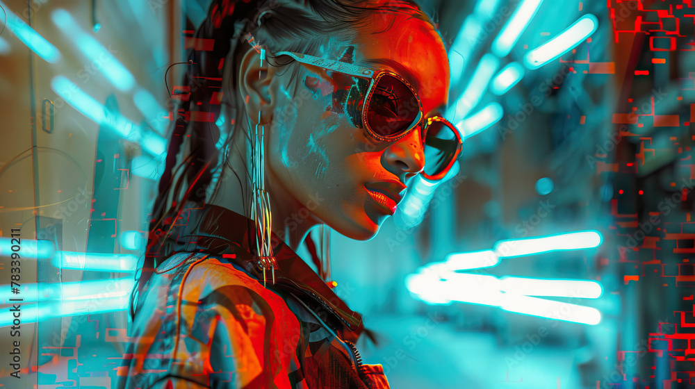 Urban Street Style Remix: Edgy streetwear looks showcased by models in urban poses, enhanced with glitch elements for a modern and rebellious twist. - obrazy, fototapety, plakaty 