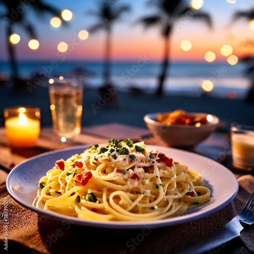 freshly made pasta carbonara on party background in blurred beach, evening