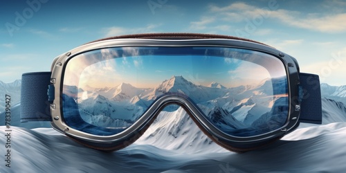 Ski goggles with mountains reflection Generative AI photo