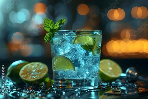 Close-up of a lime and mint cocktail at the bar of a cocktail bar