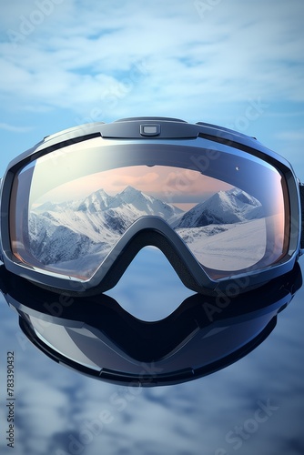 Ski goggles with mountains reflection Generative AI