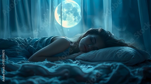 Woman sleeping at night in her bedroom with the full moon out the window. Image of night rest