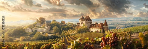 grape fields against the backdrop of a medieval castle Generative AI © Roman