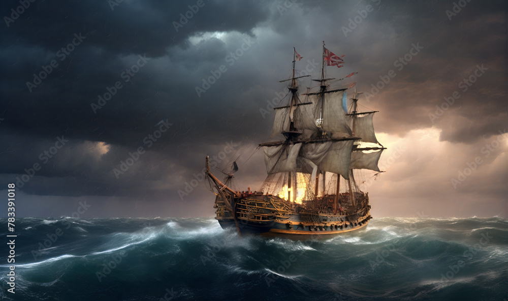 A seventeenth-century English line-of-battle warship, sailing the ocean. A seventeenth-century English line-of-battle warship, sailing the ocean.