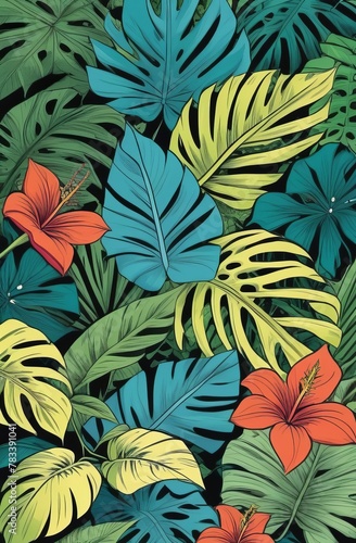 Background of vibrant tropical leaves and red flowers illustration
