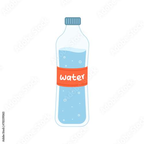 Bottle of water vector illustration isolated. Flat cartoon design element. Transparent water container with red label.