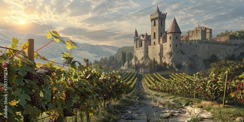 grape fields against the backdrop of a medieval castle Generative AI