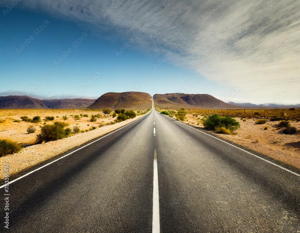 straight line road through an empty desert, a call to travel, explore, escape, a journey through the difficulties and trials of life, towards the unknown, adventure and freedom