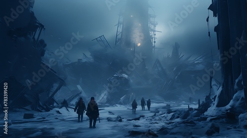 AI-generated adventurers embarking on a virtual reality quest set in a post-apocalyptic winter world, where players must navigate icy landscapes, scavenge for resources, and battle rogue AI entities i photo