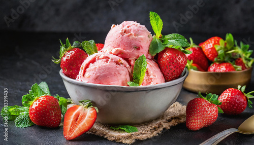 Strawberry ice cream with fresh strawberries in bowl on dark background