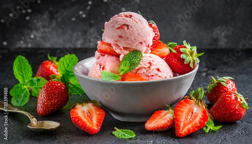 Strawberry ice cream with fresh strawberries in bowl on dark background