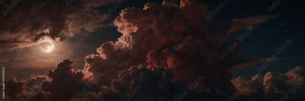 red dramatic clouds in night sky with full moon from Generative AI
