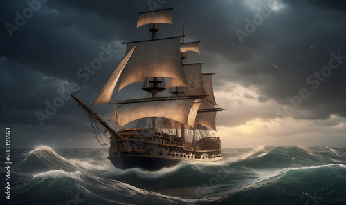 A seventeenth-century English line-of-battle warship, sailing the ocean.