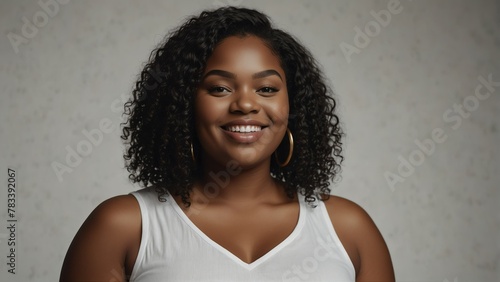 black african plus size woman model confident smiling looking at camera on plain white background from Generative AI photo