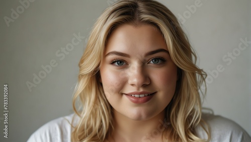 blonde plus size woman model confident smiling looking at camera on plain white background from Generative AI