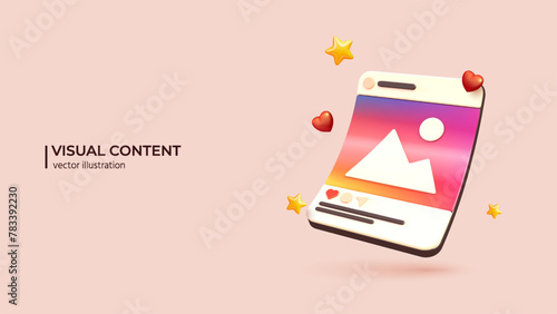 Visual Content concept. Realistic 3d design of Video Content Creating, Digital Video Advertising and Media Marketing. 3D Vector illustration in cartoon minimal style.