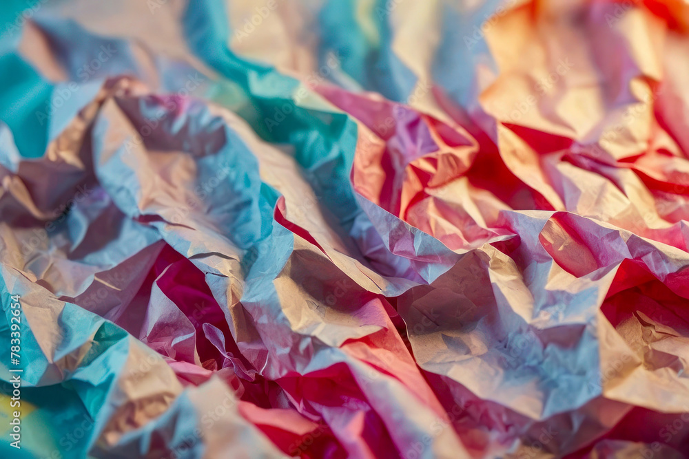 Abstract background, crumpled paper effect, pastel vibrant colors, pink and turquoise.
