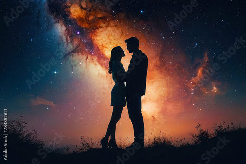 Silhouette of a loving couple holding and looking at each other. Cosmic background, bright vibrant colors.