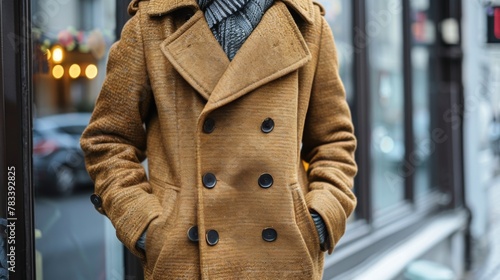 Man in Brown Coat Standing in Front of Building