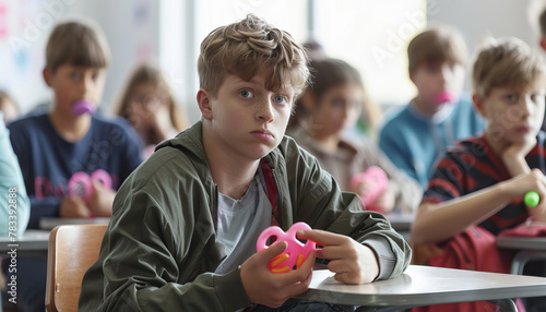 Teen with ADHD Using Fidget Tools in Classroom. Attention Deficit Disorder. Learning Disability