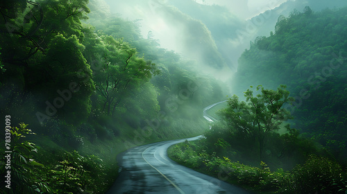 A serpentine road winds gracefully through a dense, green forest. The road appears smooth and well-maintained, reflecting light on its surface. © DigitaArt.Creative