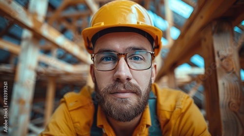 Construction Worker in Hard Hat and Overalls