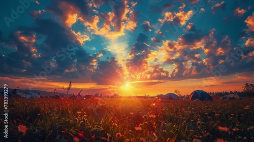 Sun Setting Over Field of Flowers