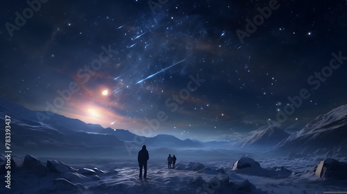 AI-generated astronomers observing a rare astronomical event through telescopes, their breath visible in the cold winter air as they explore the cosmos photo