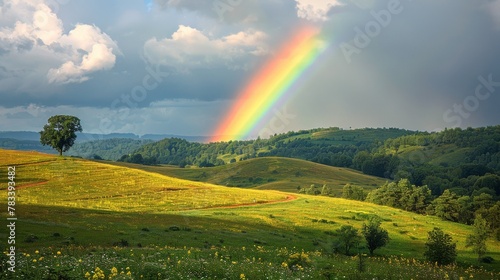 Rainbow Over Lush Green Hillside