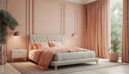 Bedroom in pastel tone peach fuzz color trend 2024 year panton furniture and background. Modern luxury room interior home design. Empty painting wall for art or wallpaper, pictures, art. 3d photo