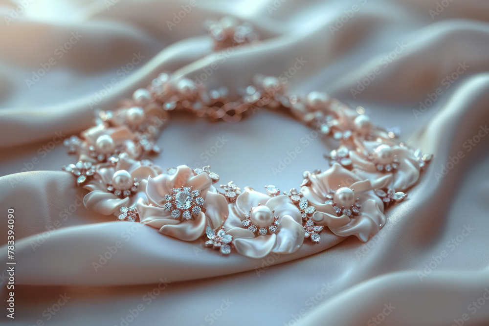 elegant pearl and diamond necklace on luxurious satin fabric elegant pearl and diamond necklace on luxurious satin fabric